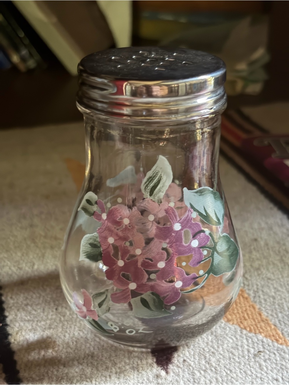 Hand Painted Flowers On Glass Cheese Shaker 4 1/2 Inches High